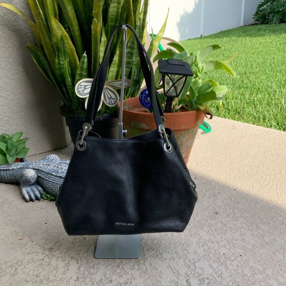 Michael Kors Raven Large Black Silver Tone Shoulder Tote Bag - Picture 1 of 9